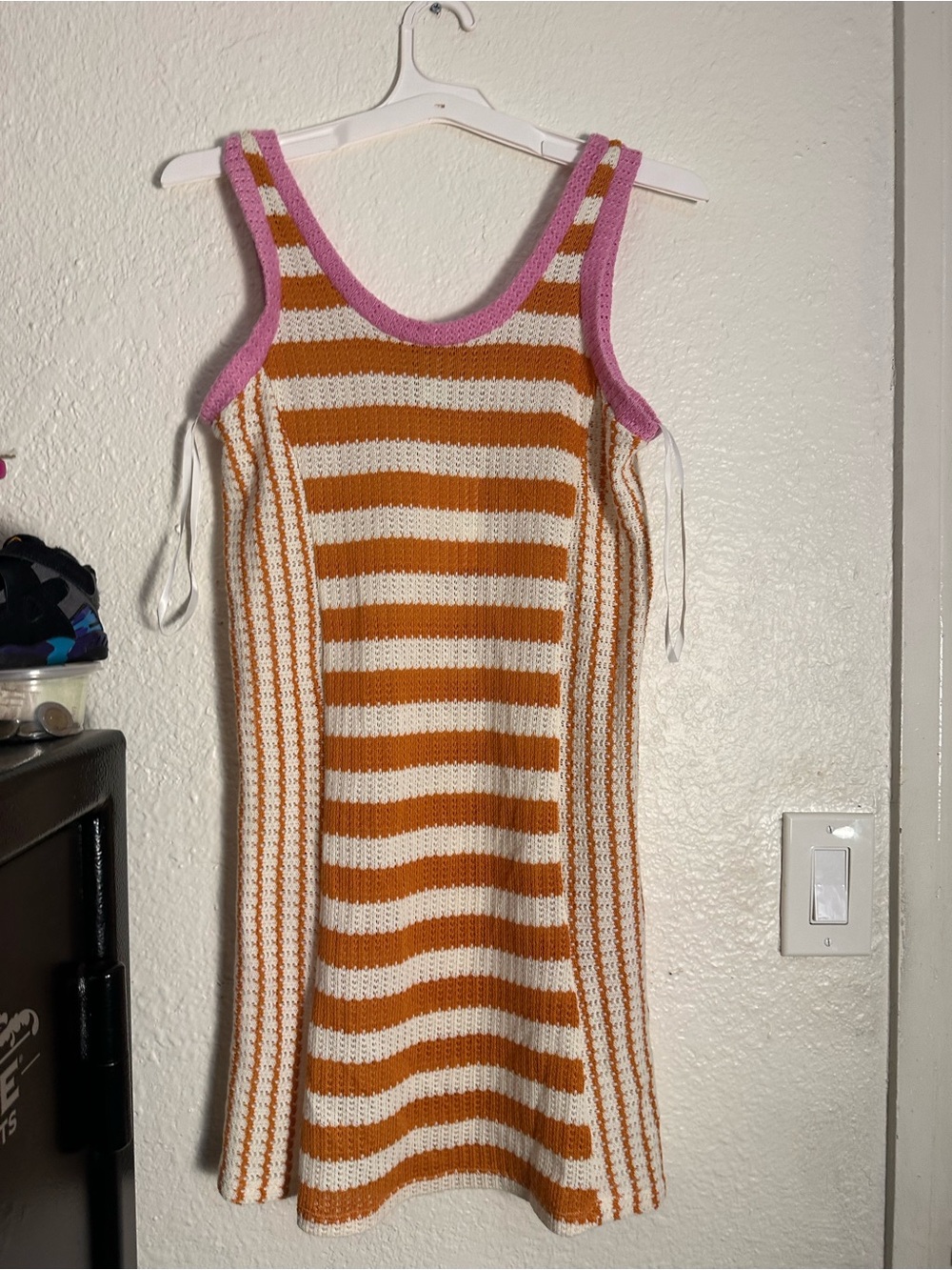 SOLID & STRIPED Striped Knit Mini Dress in Orange, Cream & Pink Trim